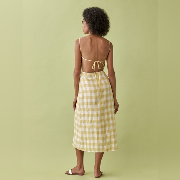 Reformation Linen Nia Midi Dress - Dandelion Check Front Slit Tie Back Open Back - Picture 1 of 9